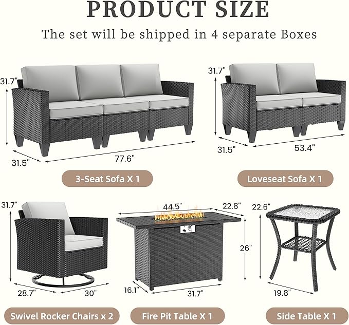 UDPATIO Patio Furniture Set with Fire Pit Table and Swivel Rocking Chairs, 6 Pieces Outdoor Wicker Furniture Set with Waterproof Cover, 4'' Thickened Cushion, Light Grey