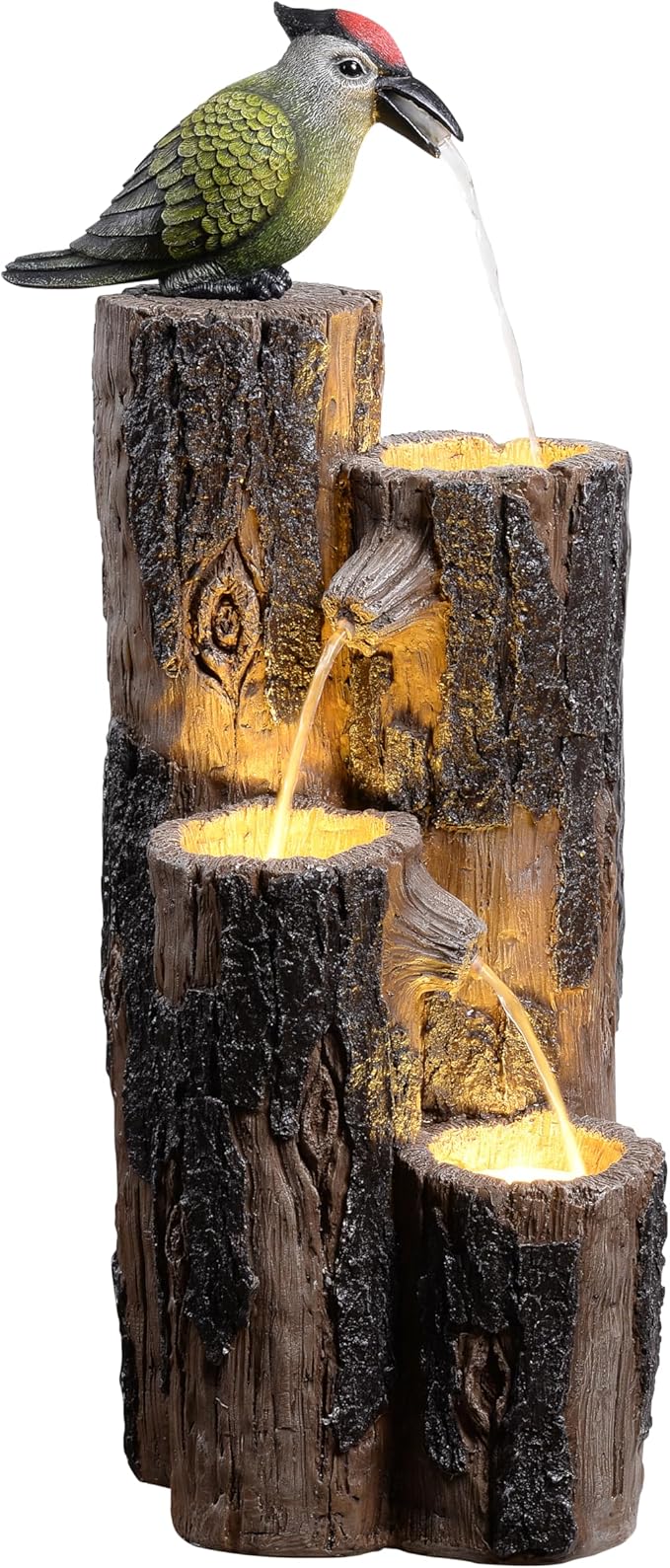 GOSSI Water Fountain Outdoor with Hummingbird, Cascading Waterfall Fountain, Rustic Log Design with LED Lights for Garden Decor