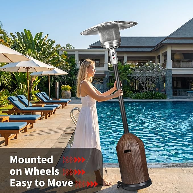 MAJARO 50,000 BTU Outdoor Propane Patio Heater with Wheels – Wicker-Style Propane Tank Cover, Weighted Base, Easy Ignition & Safety Tilt Shut-Off for Patio & Outdoor Living Spaces