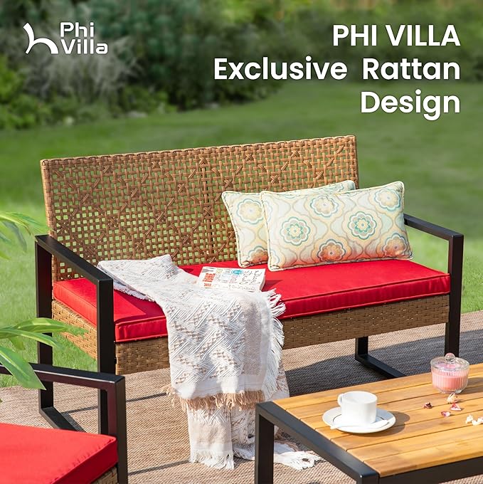 PHI VILLA Patio Wicker Furniture Set for 4, Brown Rattan Loveseat & Chairs with Red Cushions & Acacia Wood Coffee Table, Outdoor Modern Conversation Sofa Set for Deck, Yard, Porch
