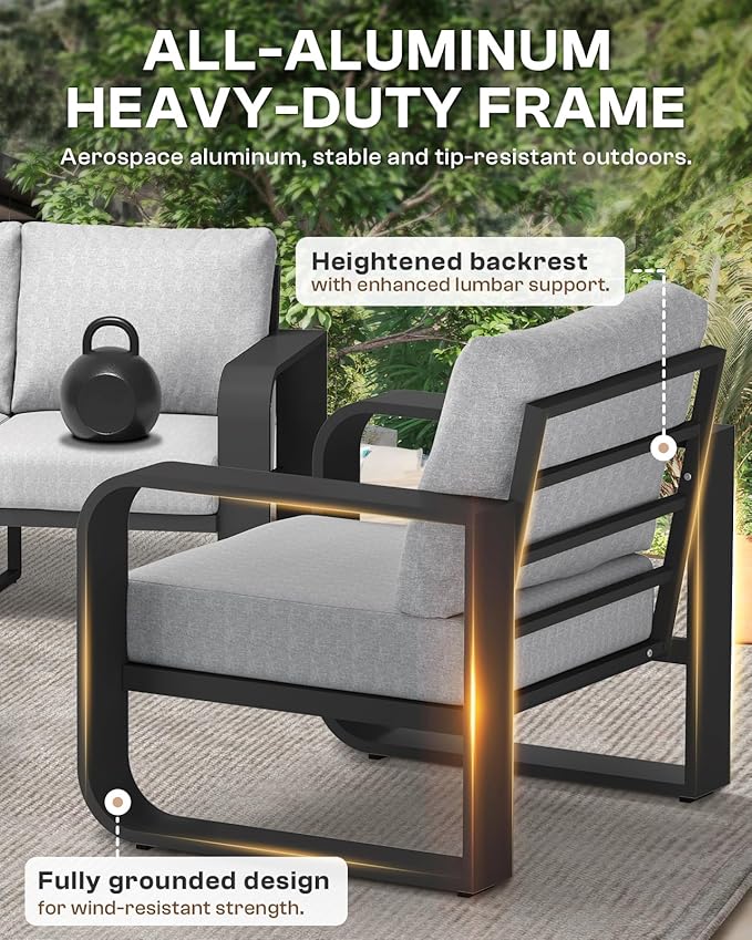 Aluminum Outdoor Patio Furniture Set, 4 Piece Oversized Patio Conversation Sets Widened Armrest & Ultra-Thick Cushions, Heavy Duty Modern Sectional Furniture for Backyard, Porch, Gray