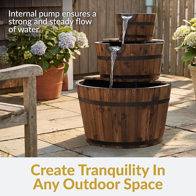 Sunnydaze 3-Tier Wood Barrel Water Fountain - 30-Inch Outdoor Water Fountain Barrel with Submersible Pump - for Garden, Patio, Decks