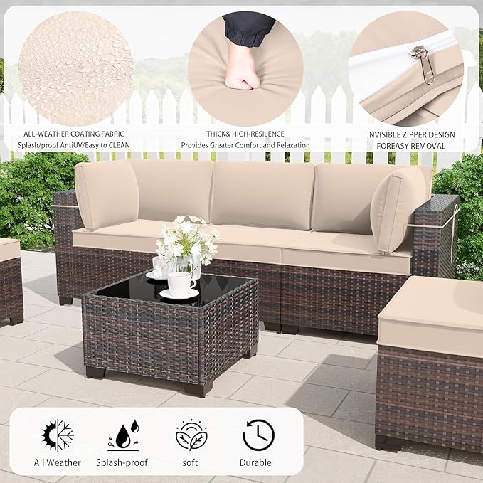 8 Pieces Outdoor Patio Furniture Set,Outdoor Sectional Furniture with 43" 55000 BTU Gas Propane Fire Pit Table,All Weather PE Rattan Wicker Patio Conversation Set,Sand