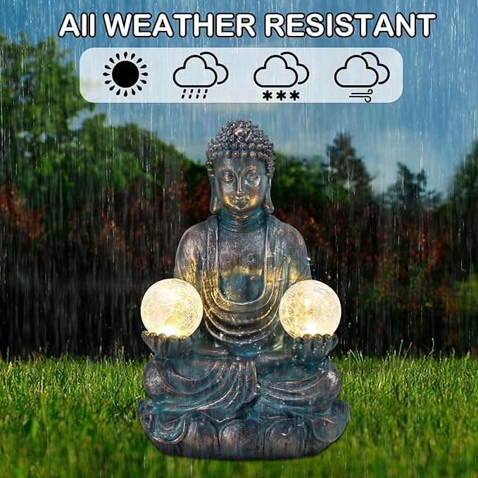 Afirst Meditating Buddha Garden Statues Solar Buddha Sculpture Decor with Glass Balls Zen Meditation for Home Garden Yard Patio Indoor Outdoor Ornaments Gifts for Mom, 10.5''
