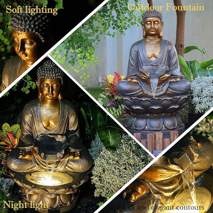 Buddha Water Fountain Outdoor Large Sitting Lotus Base Waterfall Fountains Zen Water Feature Indoor with LED Light for Garden Patio Backyard Deck Lawn Porch Balcony Home 45 inches Gold
