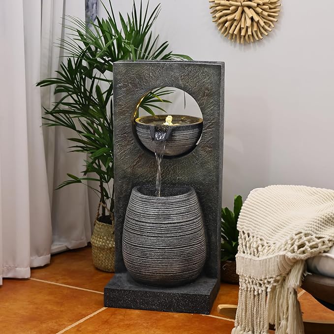 37.4’’ Tall Water Fountain Outdoor Modern Garden Fountains Layered Bowl Waterfall with LED Lights Top Planter Area for Garden, Patio, Yard, Office, Porch Home Art Decor