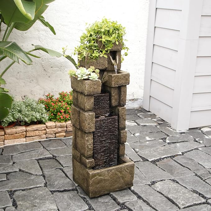 YZM 42.72" H Modern Stacking Bricks Water Fountain Outdoor Cascading Waterfall Fountains with Led Lights for Gardens Landscaping Patios Balconies and Lawns Decor for Outside