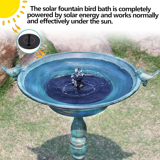 26.6" H Solar Bird Bath, Cast Iron Bird Bath and Solar Fountain, Outdoor Metal Bird Bath Bowl for Outdoors,Patio Yard Lawn Decor