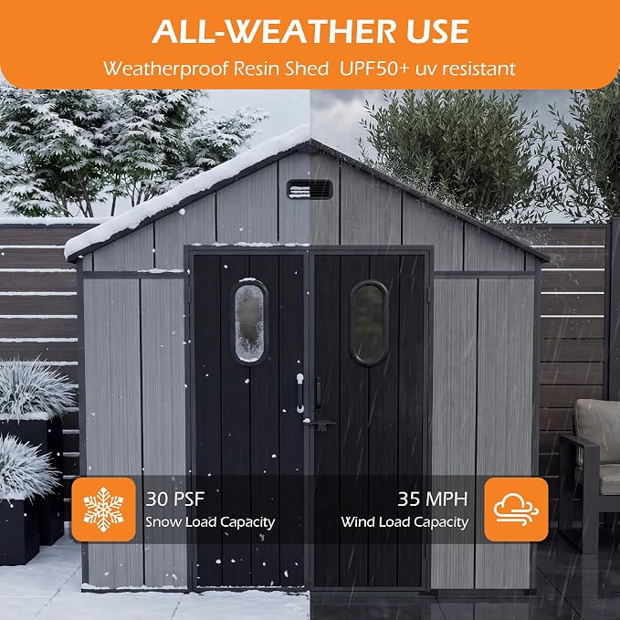 Domi 8x8Ft Resin Outdoor Storage Shed with Floor, Plastic Garden Storage Shed, Outside Weatherproof Storage Building for Tools, Bike, Lawn Mower, Patio, Backyard - Image 7