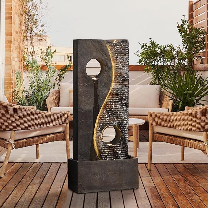 47 inches Outdoor Water Fountain Garden Waterfall Indoor Large Water Feature Freestanding Fountains with LED Strips, Three spouts for Patio Backyard Deck Porch Home Decor, Dark Gray