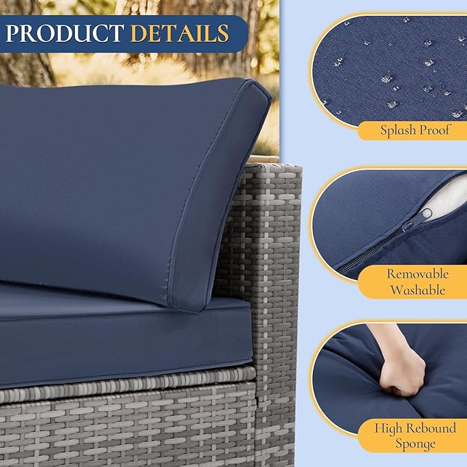 FHFO 7 Piece Outdoor Wicker Patio Furniture Set, Rattan Sectional Sofa Couch, Patio Conversation Set with Cushion & Coffee Table, for Backyard Poolside Porch Garden, Grey/Blue