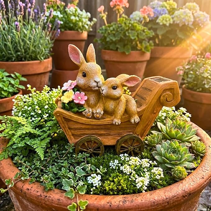 PRETMANNS Solar Rabbit Garden Statue - Mother & Baby Bunny Outdoor Decor with LED Lights for Patio, Yard Ornaments & Gifts for Women & Mom - Large