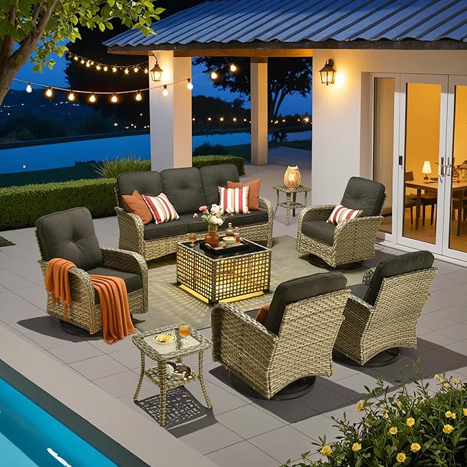 HOOOWOOO Outdoor Patio Furniture Set with Light Table,8 Pieces Wicker Conversation Set,All Weather High Back Couch Sofa Swivel Chairs Set,Black