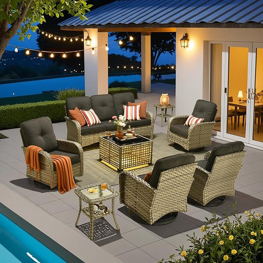 HOOOWOOO Outdoor Patio Furniture Set with Light Table,8 Pieces Wicker Conversation Set,All Weather High Back Couch Sofa Swivel Chairs Set,Black