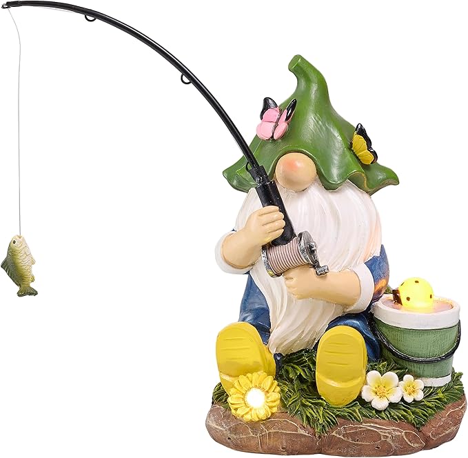 TERESA'S COLLECTIONS Resin Outdoor Statues with Solar Outdoor Lights for Garden Decor, Funny Garden Gnome Fishing Decorations for Outside Yard Porch Patio Lawn, Ideal Gift for Women and Man 7.2"