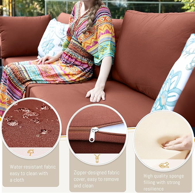 BULEXYARD 11 Piece High Back Outdoor Furniture Set with Firepit, Elegant Patio Conversation Set with Ottoman Modular, Extra Wide Deep 10-Seats Sectional Couch Sofa for Yard, Brown Rattan & Red Cushion