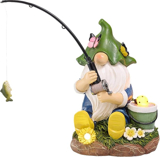 TERESA'S COLLECTIONS Resin Outdoor Statue with Solar Outdoor Lights for Garden Decor,Christmas Garden Gnome Fishing for Outside Yard Porch Patio Lawn,Ideal Gift for Women and Man 8.9"