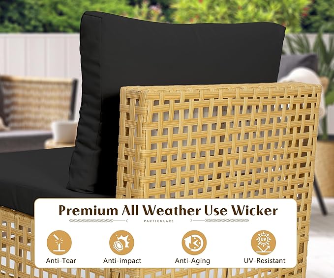 LHBcraft 3 Piece Wicker Patio Furniture Set,Modular Outdoor Furniture,Outdoor Patio Conversation Sets with Fluffy Black Cushions and Coffee Table