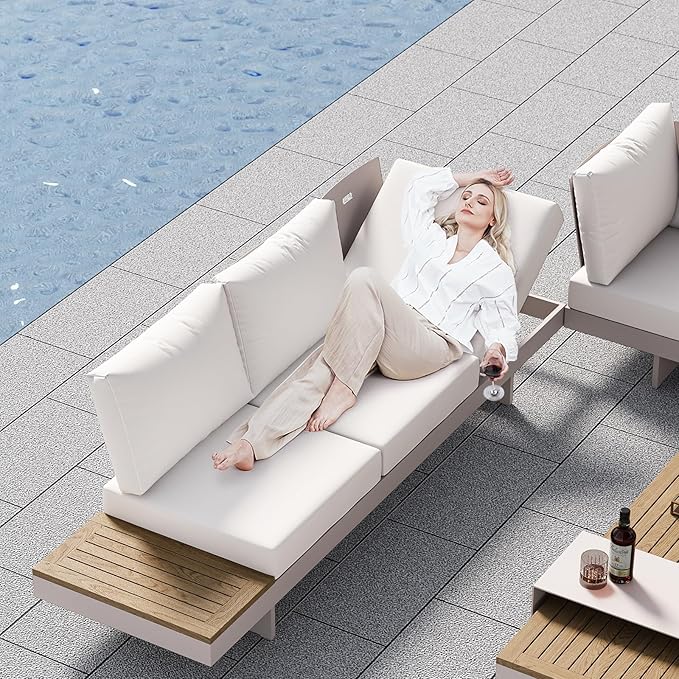 homary 6 Piece Aluminum & Teak Outdoor Sofa Set, Patio Conversation Sets Modular Outdoor Sofa with Covers, Waterproof, Fade Resistant Cushions Ideal for Patios & Balconies, Light Gray