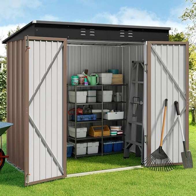 Gizoon 6' x 4' Outdoor Storage Shed with Double Lockable Doors, Anti-Corrosion Metal Garden Shed, Waterproof Shed Outdoor Storage Clearance for Backyard Patio Lawn-Brown by Gizoon