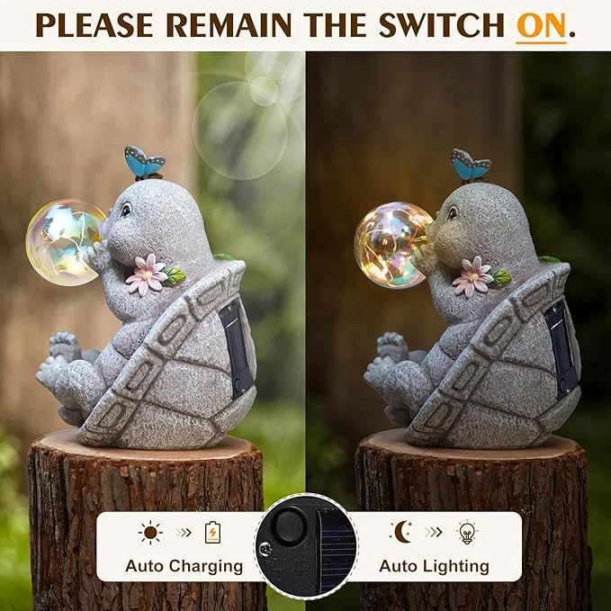 Solar Turtle Statues Garden Decor with Bubble LED Light, Outdoor Tortoise Statue for Patio, Lawn, Yard Gift for Mother's Day, Birthday, Housewarming