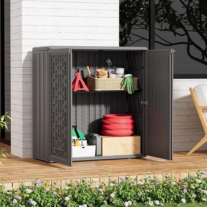 ZZM HDPE Outdoor Storage Shed, Outdoor Plastic Storage Cabinet, Horizontal Resin Tool Shed for Garden, All Weather Outdoor Storage Clearance, DIY Usage, with one Shelf (Gray) - Image 2