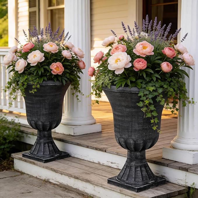 22" Tall Plastic Urn Planters Set of 2, 3D Textured Washed Black Finish Pedestal Plant Pots, Weather-Resistant Large Flower Pots for Front Porch, Patio, Garden & Indoor Use