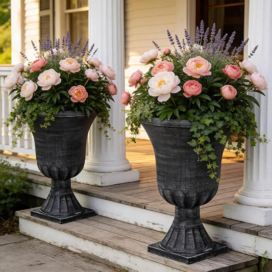 22" Tall Plastic Urn Planters Set of 2, 3D Textured Washed Black Finish Pedestal Plant Pots, Weather-Resistant Large Flower Pots for Front Porch, Patio, Garden & Indoor Use