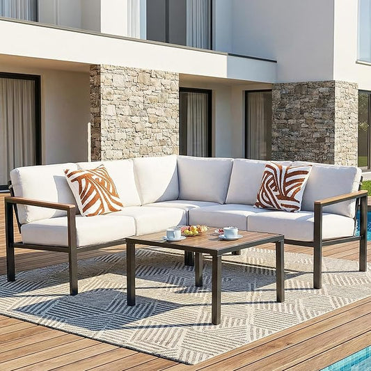 NATURAL EXPRESSIONS 6 Pieces Patio Furniture Set, Outdoor Couch with Thick Olefin Cushions, Fauxwood Armrest and Tabletop, Ergonomic Design Highback, Sectional Outdoor Furniture for Backyard, Deck