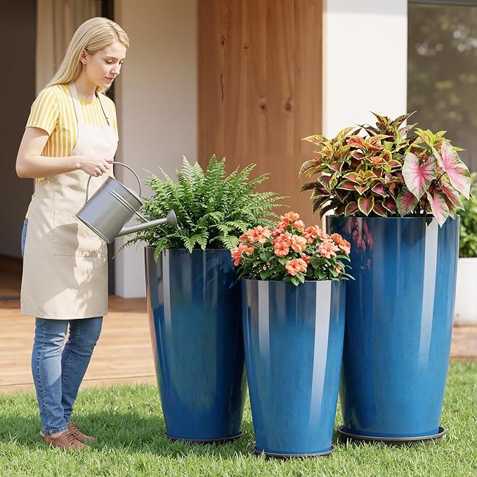 QCQHDU 24, 21, 18 inch Tall Planters for Outdoor Plants, with Drainage Hole & Saucer, Set of 3 Tall Outdoor Planter for Indoor & Outdoor Plants, Modern Home Decor
