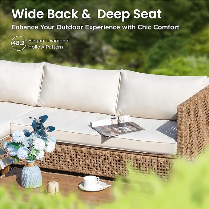 PHI VILLA 6 Seats Outdoor Sectional Sofa with Cushions and Acacia Wood Coffee Table, Patio Conversation Set for Garden, Backyard or Balcony, Beige