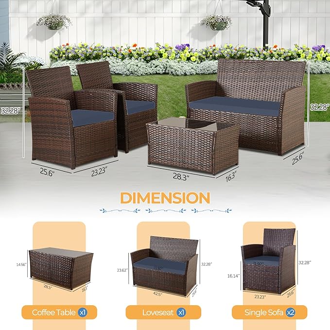 FHFO 4 Piece Outdoor Patio Furniture Sets, Patio Sectional Furniture Conversation Sofa Set, Rattan Table and Chairs and Loveseat with Cushions for Outside Balcony Porch Backyard (Brown-Blue)