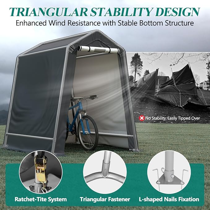 GARTOO 6' x 7' Outdoor Storage Shelter Shed- Heavy Duty Storage Tent with Roll-up Ventilated Windows, Portable Garage Storage shed for Bike, ATV, Motorcycle Shelter, Gray - Image 5