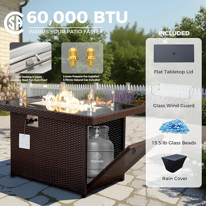 BULEXYARD 13 Piece High Back Wicker Patio Furniture Sets with Fire Pit, Modern Elegant Outdoor Seating Set Modular, Comfy Extra Deep Wide 12-Person Sectional Couch Sofa for Backyard, Brown & Turquoise