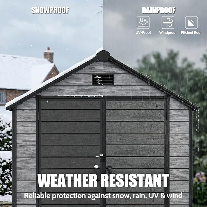 EHHLY Outdoor Storage Shed 6x4.4 FT, Resin Shed with Floor, Window & Vents, Waterproof Plastic Shed with Lockable Door for Backyard, Patio, Lawn, Gray - Image 6
