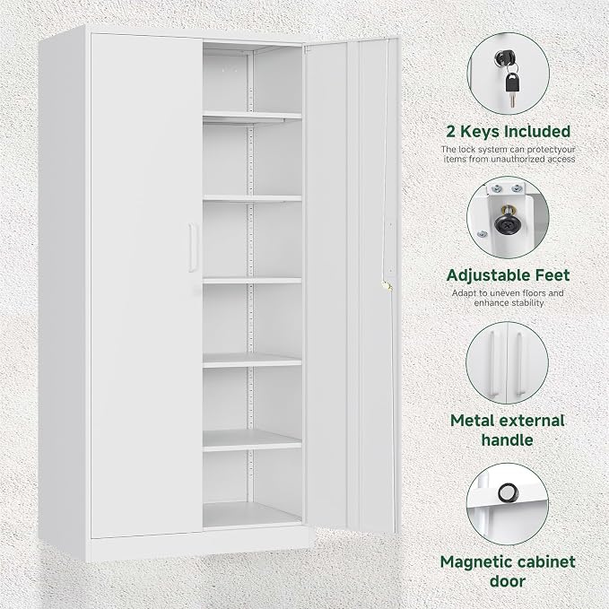 Letaya Metal Storage Cabinet with Lock Door Adjustable Shelf,72" Steel Lockers for Office, Home,School,Kitchen,Garage Tool Utility Cabinet (2 Door-White) - Image 5