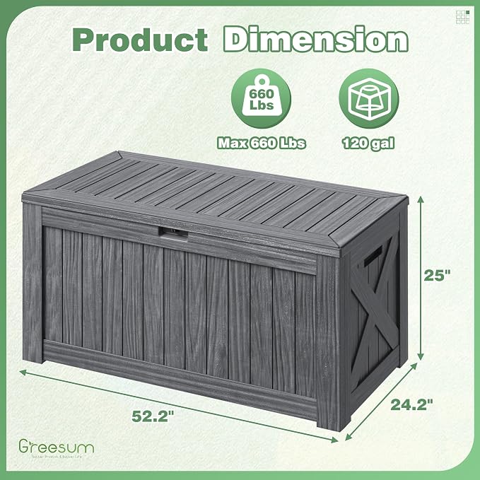 Greesum Outdoor Storage Box 120 Gallon Storage Bin with Lid for Patio Furniture, Garden Tools, Pool Supplies, Lockable, Waterproof and UV Resistant, Gray - Image 4