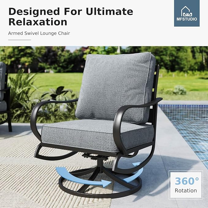 MFSTUDIO 6 Pieces Metal Patio Furniture Sets, 2 Swivel Chairs, 3-Seat Loveseat Sofa, 2 Patio Chairs & 1 Marbling Coffee Table, All Weather 7 Seats Outdoor Conversation Set for Garden Backyard, Grey