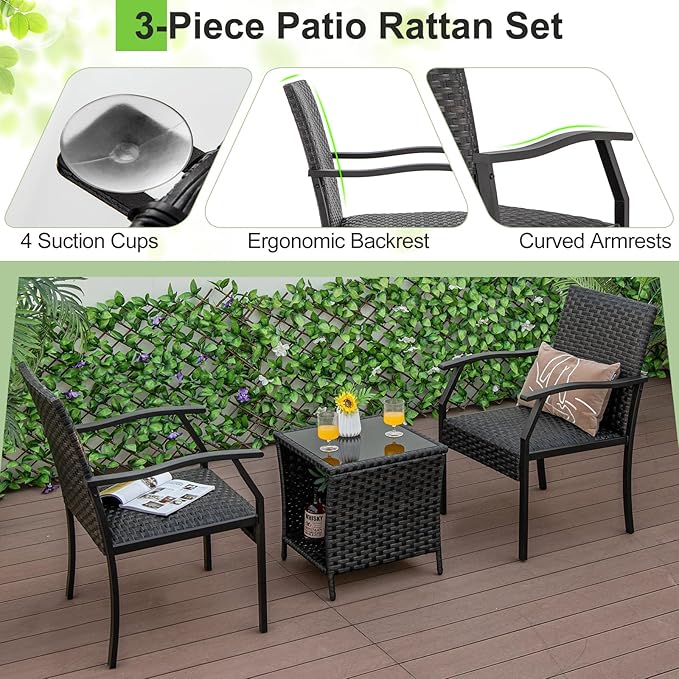 Tangkula 3 Pieces Patio Wicker Chair Set, Waterproof All Weather Resistant Heavy Duty Outdoor Conversation Set with Quick Dry Foam Seating, for Poolside, Backyard, Garden (Mix Brown)