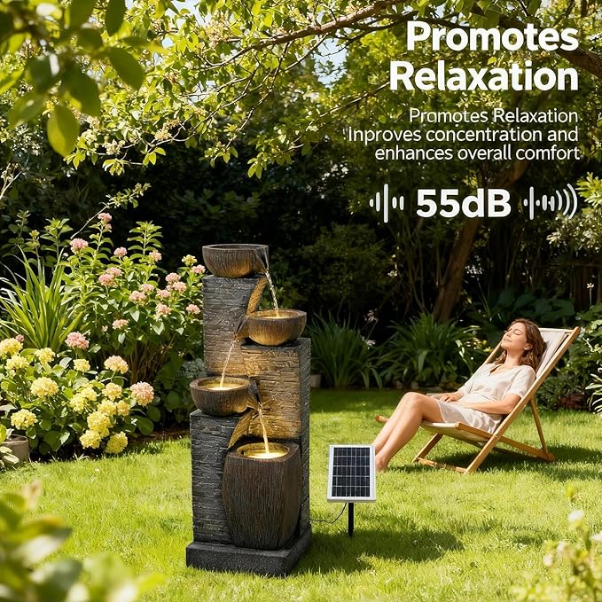 38.2" Tall Solar Water Fountain Outdoor Garden,Stone Texture Modern 4 Tiers Cascading Bowls Garden Fountains Outdoor,Suit for Patio, Deck, Porch, Lawns, Backyard and Home Art Decor