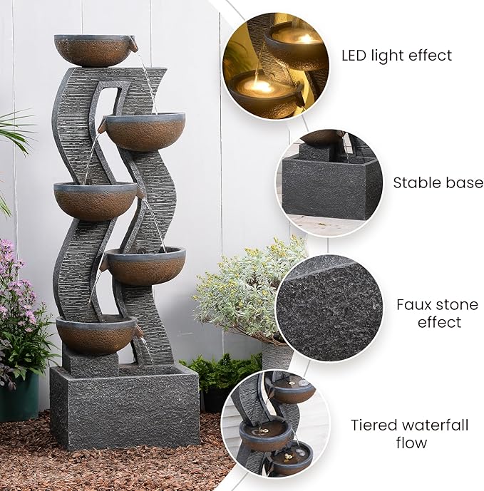52.8" Tall Outdoor Water Fountain with Lights, 6-Tier Cascading Resin Waterfall Feature for Porch, Garden, Yard, Deck, Patio – Large Freestanding Outdoor Fountain and Waterfall Outside Decor