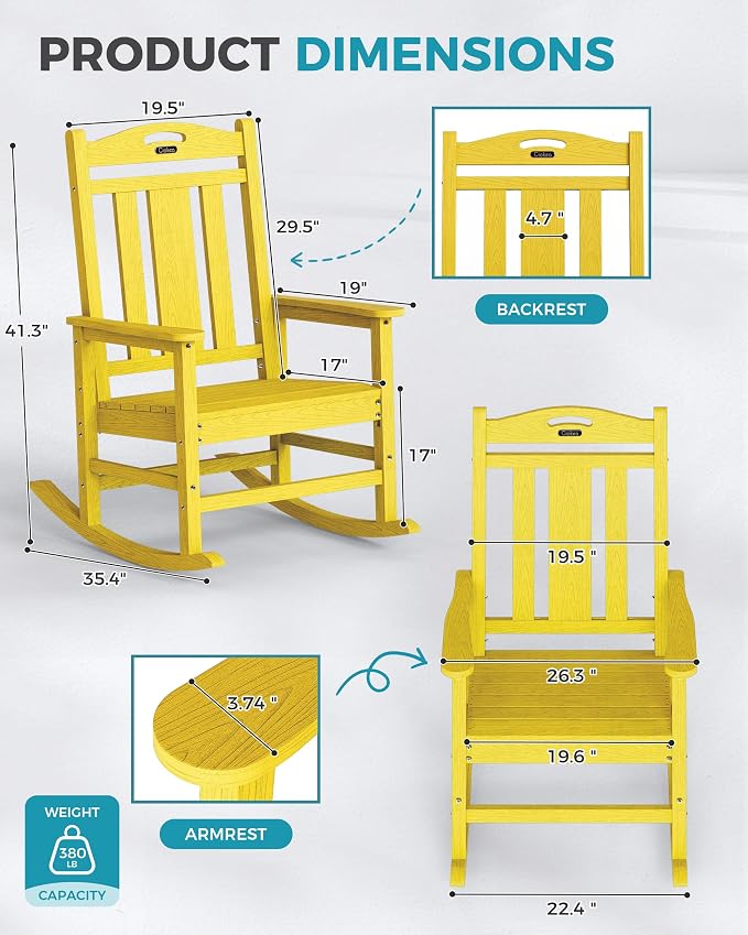 Ciokea Oversized Outdoor Rocking Chair, 380lbs Heavy-Duty Large Patio Rocker, Weather Resistant & Anti-Fade Porch Chair, High Back Cozy Rocking Chair for Outside, Fire Pit, Deck, Garden, Citron Yellow - Image 3