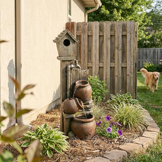 Water Fountain Birdhouse Outdoor Fountain, 37" Tall Garden Fountain Tiered Waterfall Fountain with Cascading Pots, Farmhouse Water Feature for Patio Backyard Yard Lawn Garden Decor