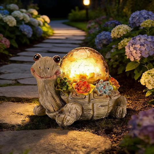Solar Turtle Garden Statue Lights for Outdoor Decor with Cracked Glass LED Figurine Lighting Resin Succulent Tortoise Decorations Patio Lawn Yard Housewarming Mom Gifts (Grey, Large)