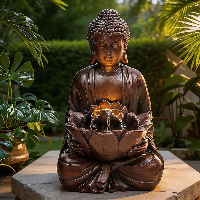 18.9" H Buddha Outdoor Water Fountain, Zen Style Garden Fountain with LED Lights and Pump, Relaxing Waterfall for Patio, Porch, or Yard Decor, Faux Bronze