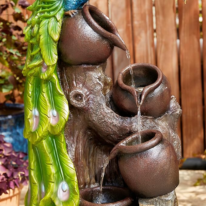 Glitzhome 4-Tier Peacock and Jars Outdoor Water Fountain with LED Light, 40”H Oversized Resin Peacock Sculpture Waterfall Fountain with Submersible Pump for Garden Patio Porch