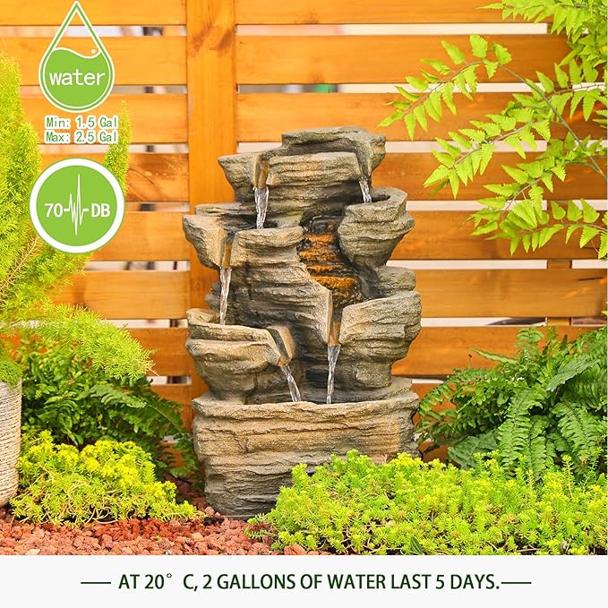 6-Tier Cascading Rock Water Fountain Outdoor Garden Waterfall Decor for Garden, Patio, Backyard, Deck, Porch and Home Art Decor,24.4" H Outdoor Fountain with Lights
