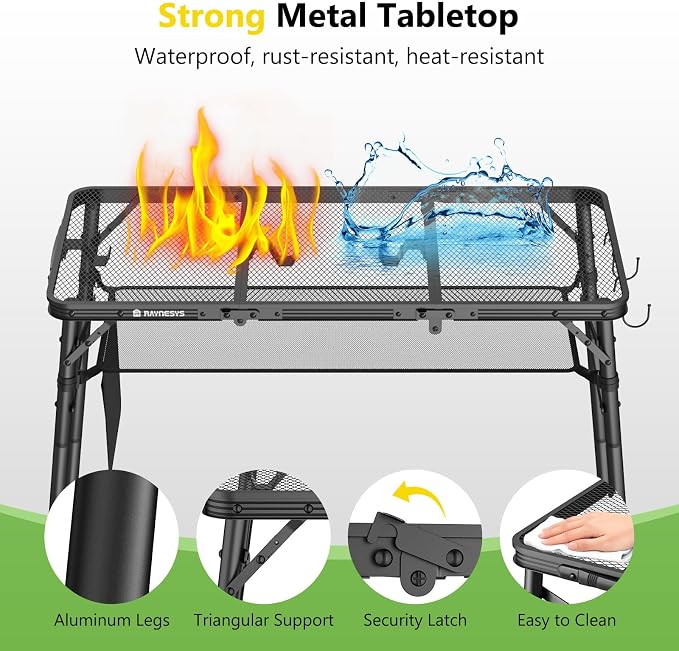 Raynesys Tri-fold Camping Table, 35.43"x15.75", Aluminum Frame Folding Tables, 3 Heights Adjustable Grill Table with Storage Bag, Portable Handle for Picnic Cooking BBQ Camping Outdoor, Black - Image 4