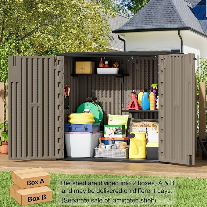 ZZM 37 Cu.ft Outdoor Storage Shed Double-Wall HDPE Storage Cabinet, Waterproof Plastic Sheds with Floor Horizontal Lockable Garden Tools Trash Can, Lawn Mower, Bike Storage, Brown - Image 2