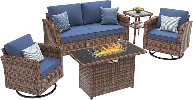 UDPATIO 5 Pieces Patio Furniture Set with Fire Pit Table, Outdoor Conversation Set with Rocking Swivel Chairs, Wicker Furniture Set with Waterproof Cover, 4'' Thickened Cushion, Navy